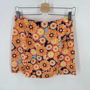 Dee Elly M Mod Floral Mini Skirt Y2K 60s 70s Retro Pink Orange Black